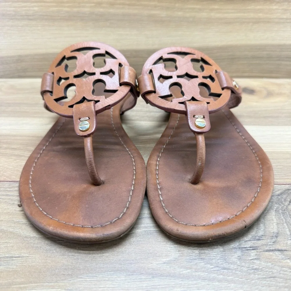 Tory Burch Miller Sandals 9.5 Royal Tan Leather Vacation Resort Flip Flops